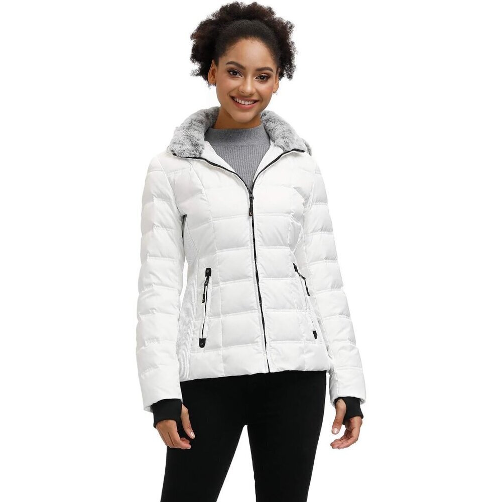 🆕 Women White Down Puffer Jacket Warm Winter Faux-Fur Collar Ribbed Cuffs Hood